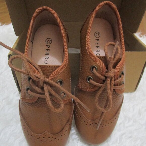 PERROQUET SHOES Boys Wingtip Oxford Leather laced shoes luggage New In Box Sz 27 - Picture 13 of 17